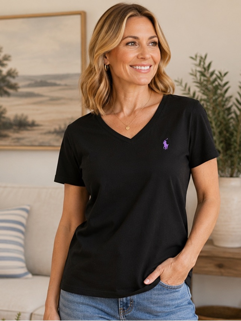 Polo Ralph Lauren Black V-Neck Tee | Purple Pony | XL